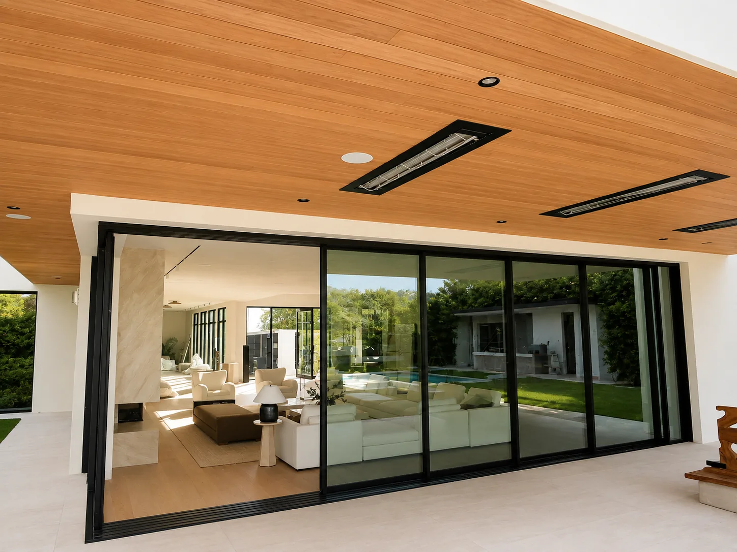 Covered patio looking into a living room through a wide multi-slide door